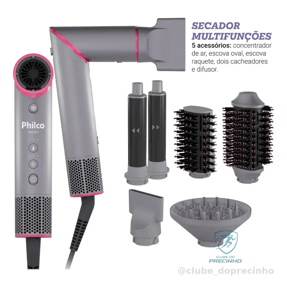 Secador De Cabelos Philco Motor Bldc 6 Acessórios Fast Dry 1450w Psd16a 127v Cinza E Rosa