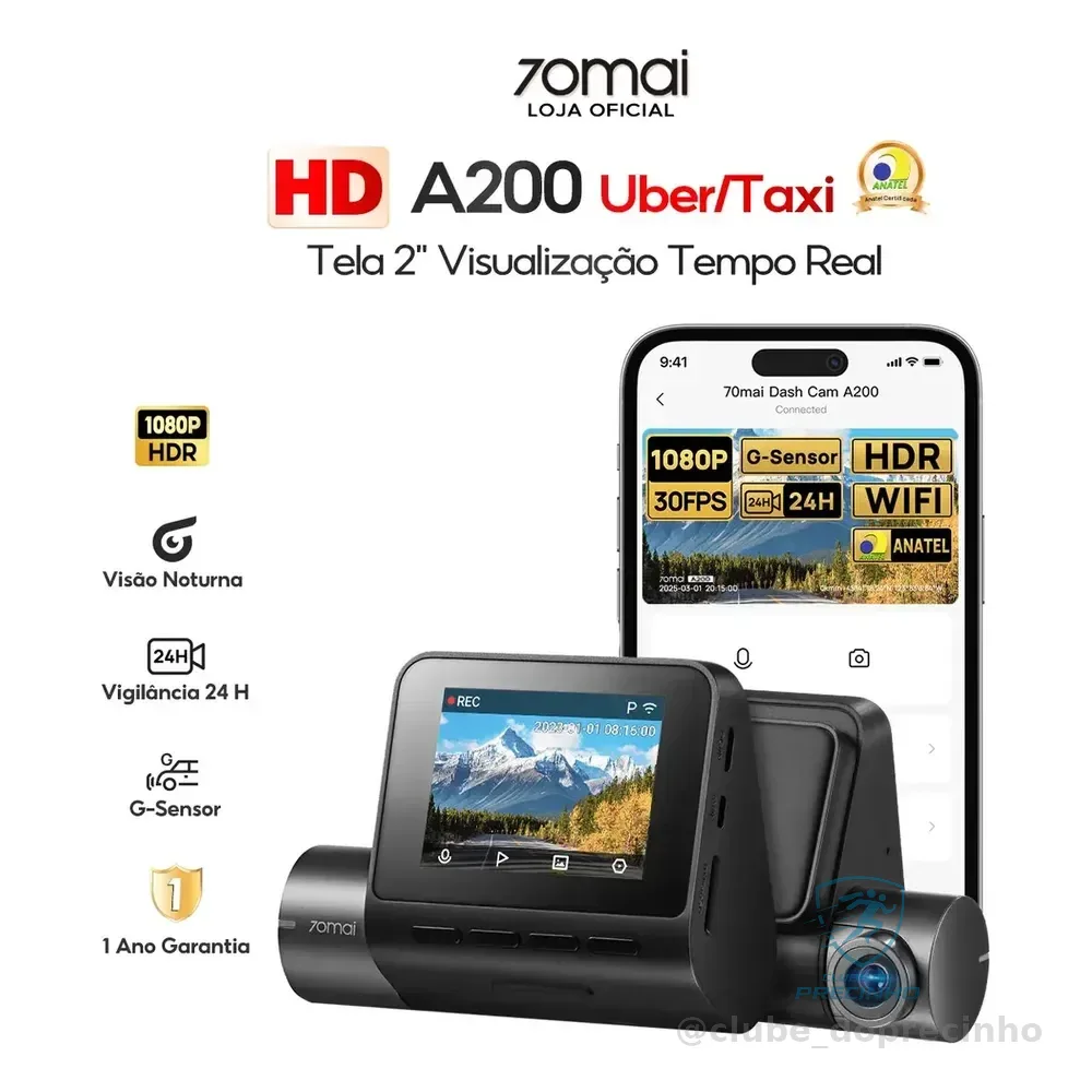Câmera Veicular Automotiva 70mai A200 2'' Tela Hd 1080p Hdr Wifi 60fps Ângulo 130 Camera Para Carro 24h Visão Noturna Com App G-sensor Vigilância De Estacionamento 24h Gravação De Emergência