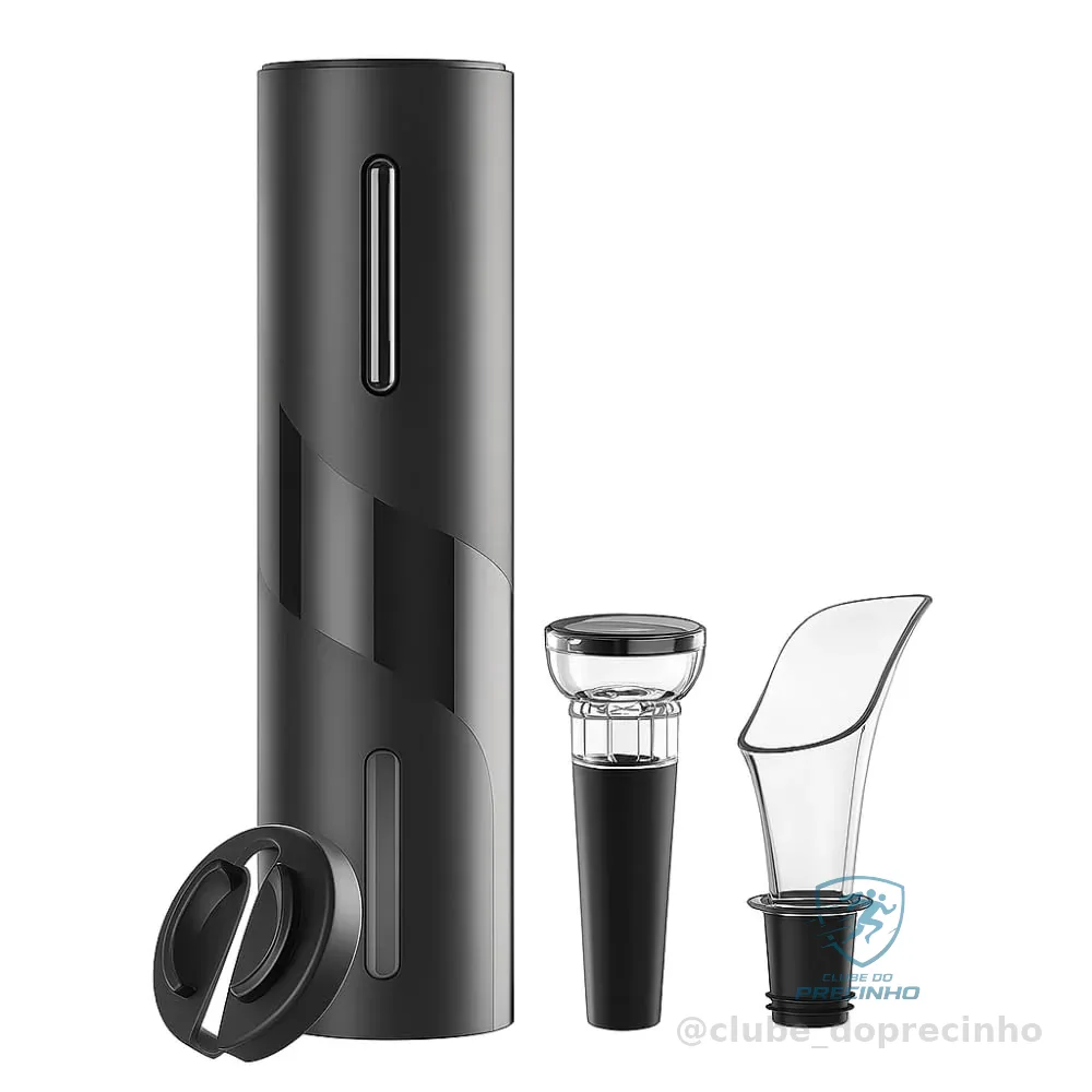Kit Abridor de Vinho Elétrico 4 em 1 | Saca-Rolhas Automático, Decanter, Tampa a Vácuo, Cortador de Lacre
