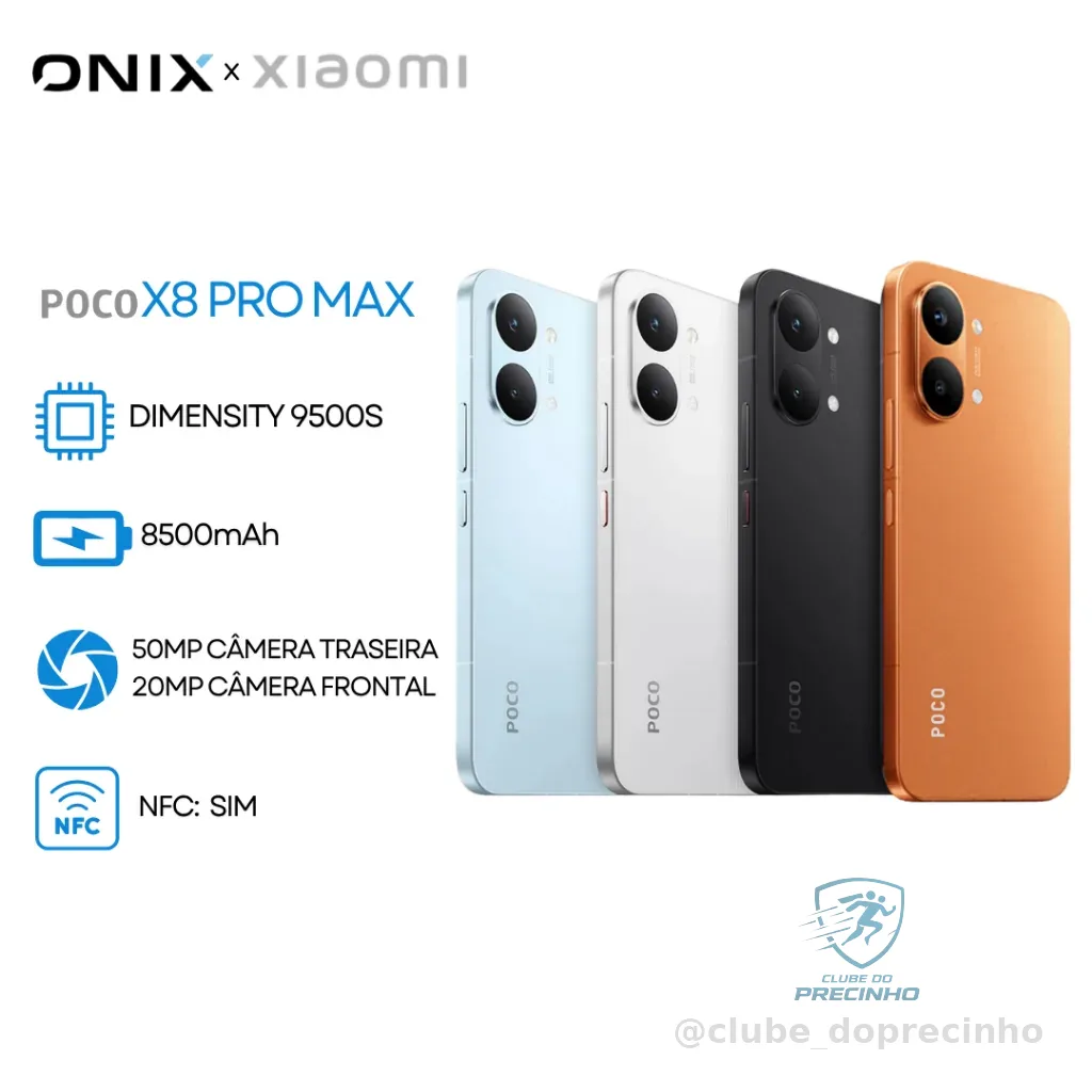 Xiaomi Poco X8 Pro Max 5G, Processador MediaTek Dimensity 9500s, Bateria 8500 mAh, Versão Global, 256GB + 12GB RAM