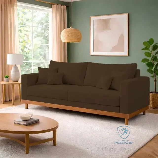 Sofá Living 3 Lugares Suede Resistente Madeira + Almofadas