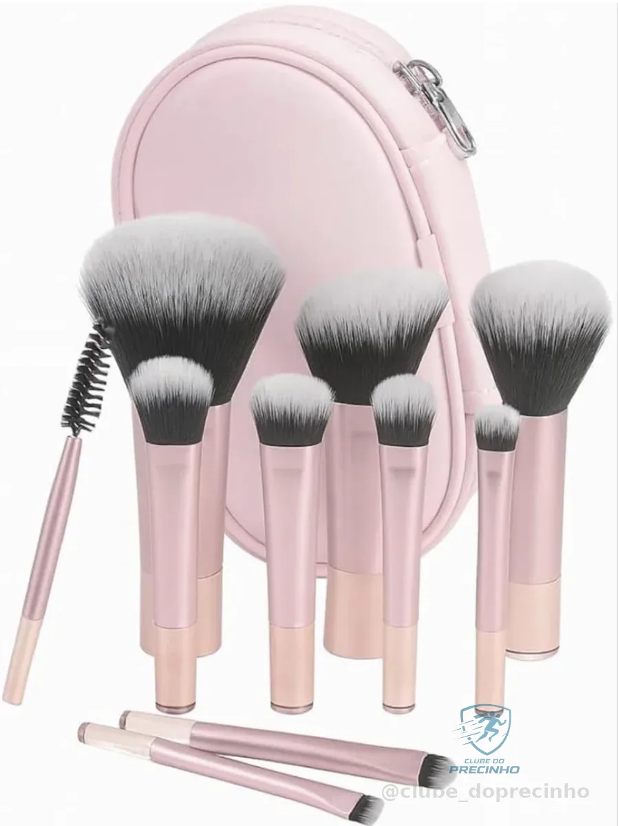 Kit Mini Pincéis de Maquiagem 10 Peças Travel Size com Nécessaire - Cerdas Macias para Make Completa - Rosa