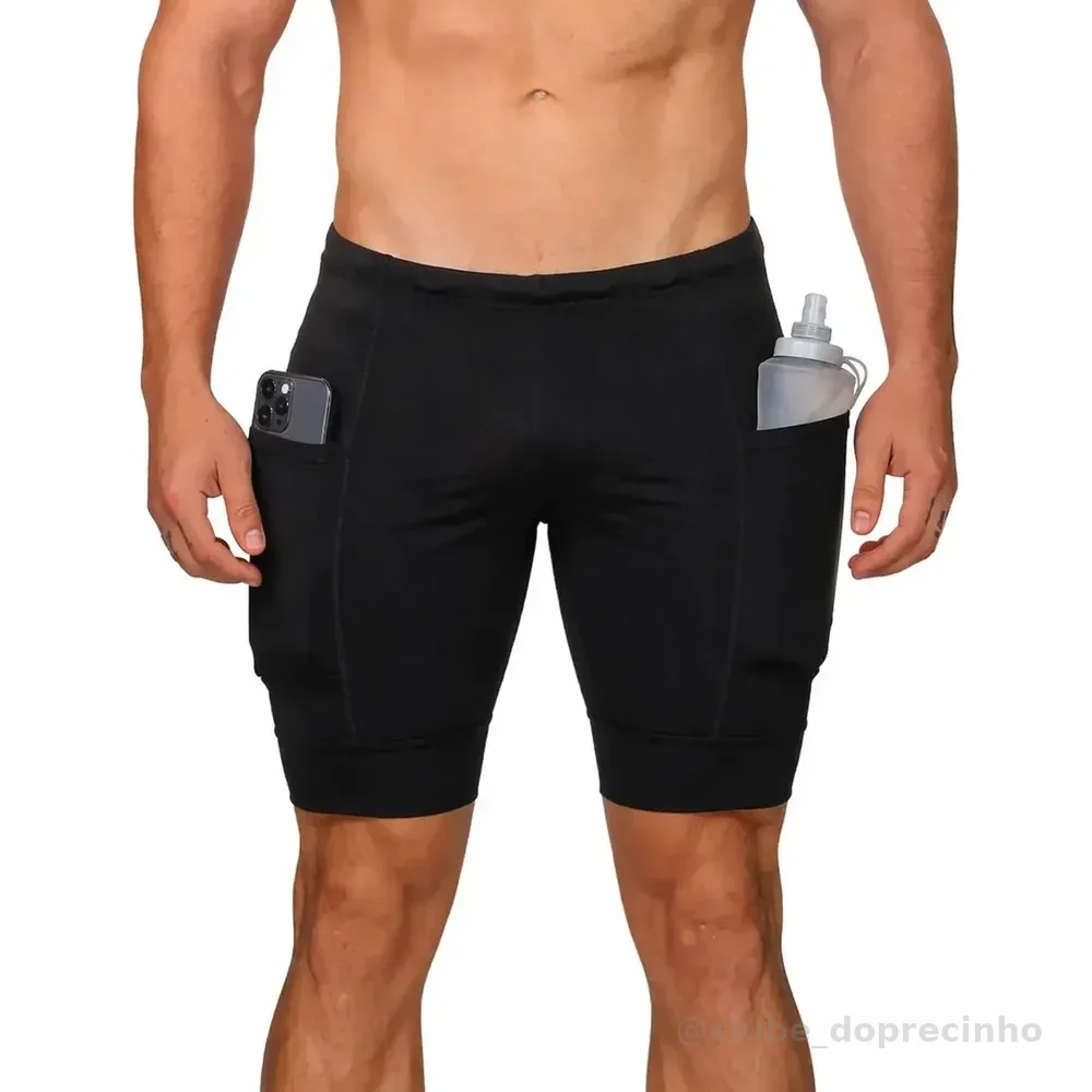Bermuda Masculina Compressão Para Corrida Com Bolso Lateral Preto