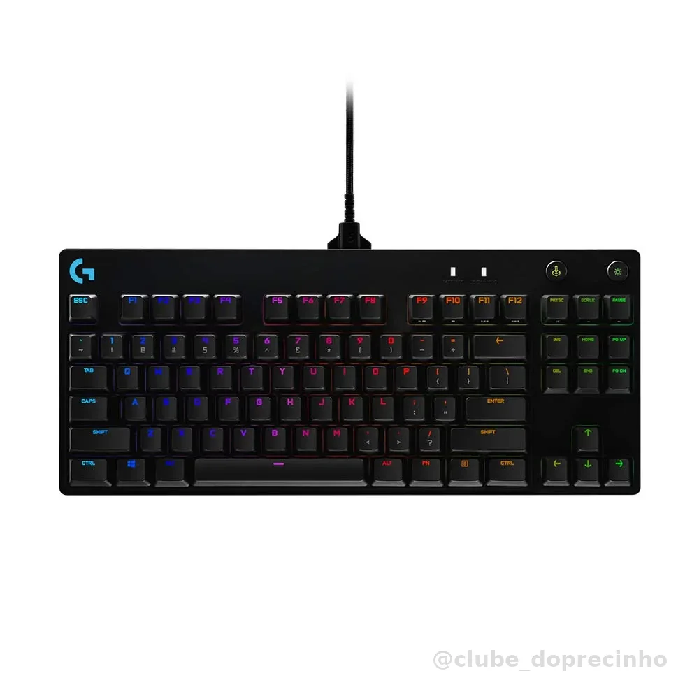 Teclado Mecânico Gamer Logitech G PRO com Layout US, RGB LIGHTSYNC, Design TKL, Cabo Destacável e Switch Exclusivo GX Blue Clicky | Cabo micro USB removível ultra portátil, 16,8 milhões de teclas iluminadas Lightsync coloridas