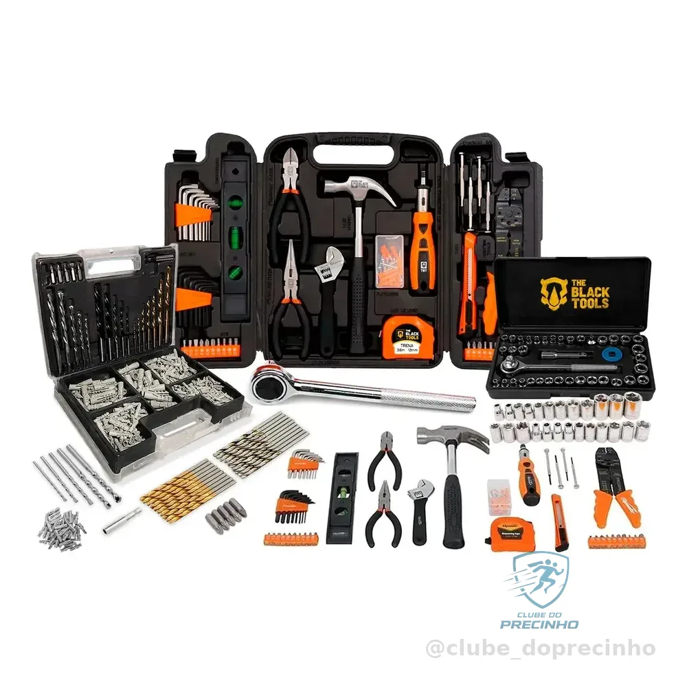 Kit Jogo De Ferramentas 129 Peças Com Jogo De 40 Soquetes Chaves E Kit 300 Peças Brocas E Buchas The Black Tools Preto