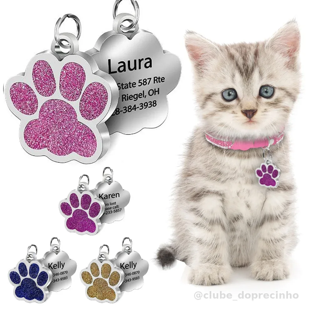 Etiquetas Personalizadas De Cachorro Gato Gravado Nome ID Coleira Pingente Acessórios Pata Glitter