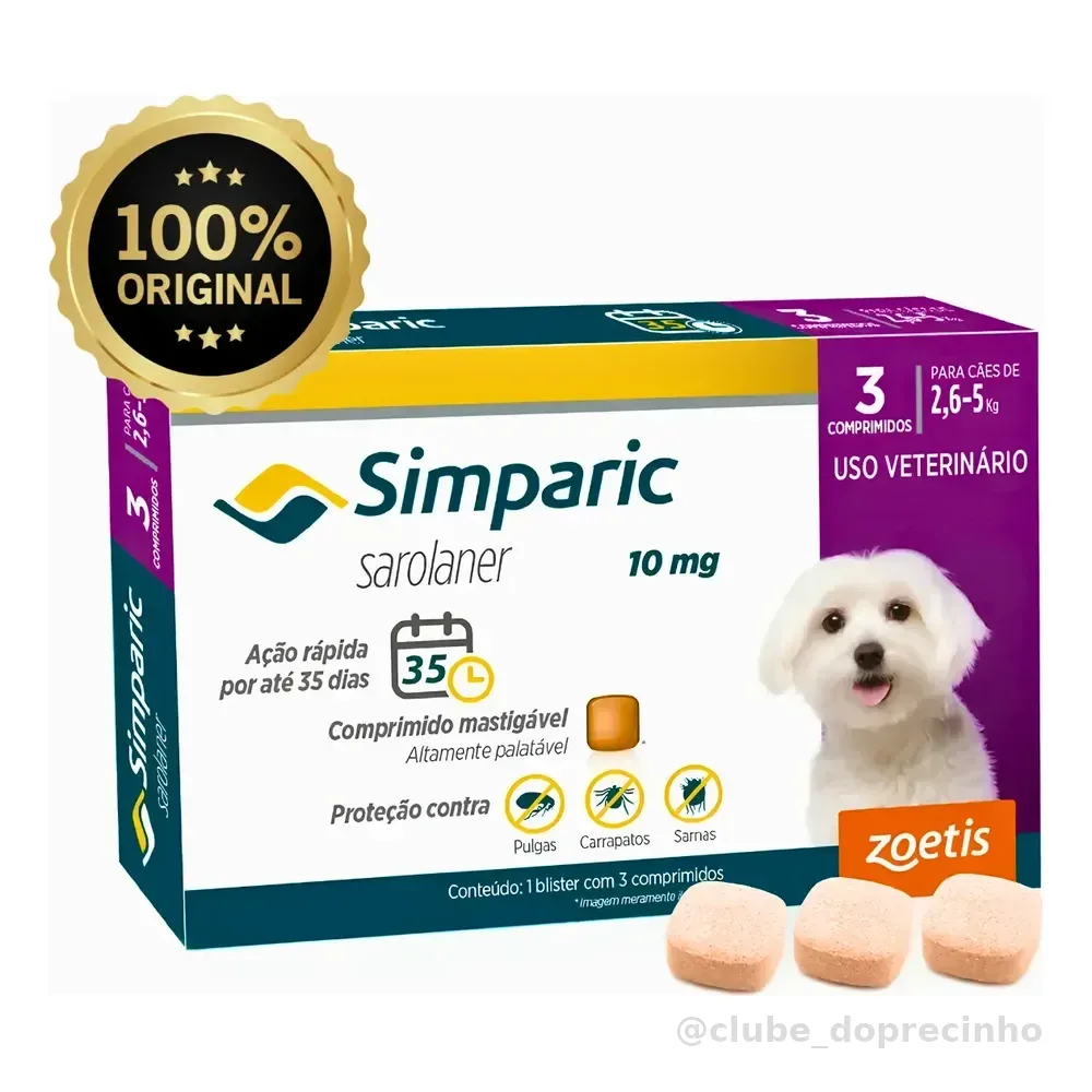 Simparic 10mg Cães 2,6 A 5kg 3 Comprimidos Original 10mg - 3 Comp.