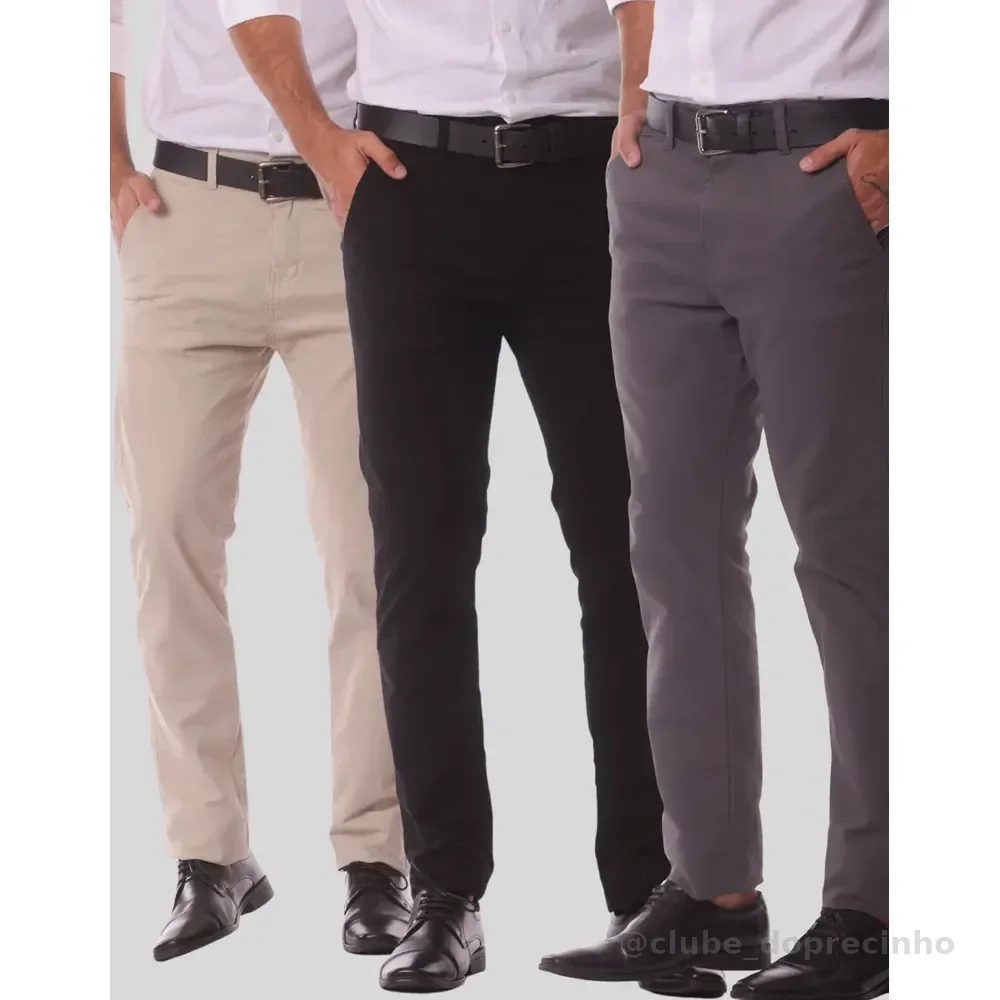 Kit 3 Calça Masculina Sarja Slim Alfaitaria Esporte Fino Preto-bege-chumbo 42