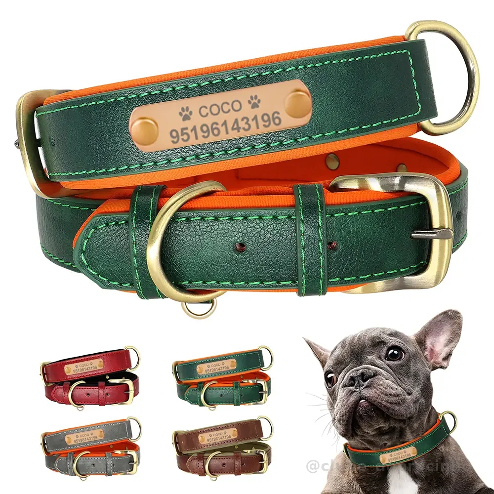 Coleira De Couro Personalizada Com Placa De Identificação , Macia Acolchoada Para Cães , Nome De Gravação Grátis Pequeno