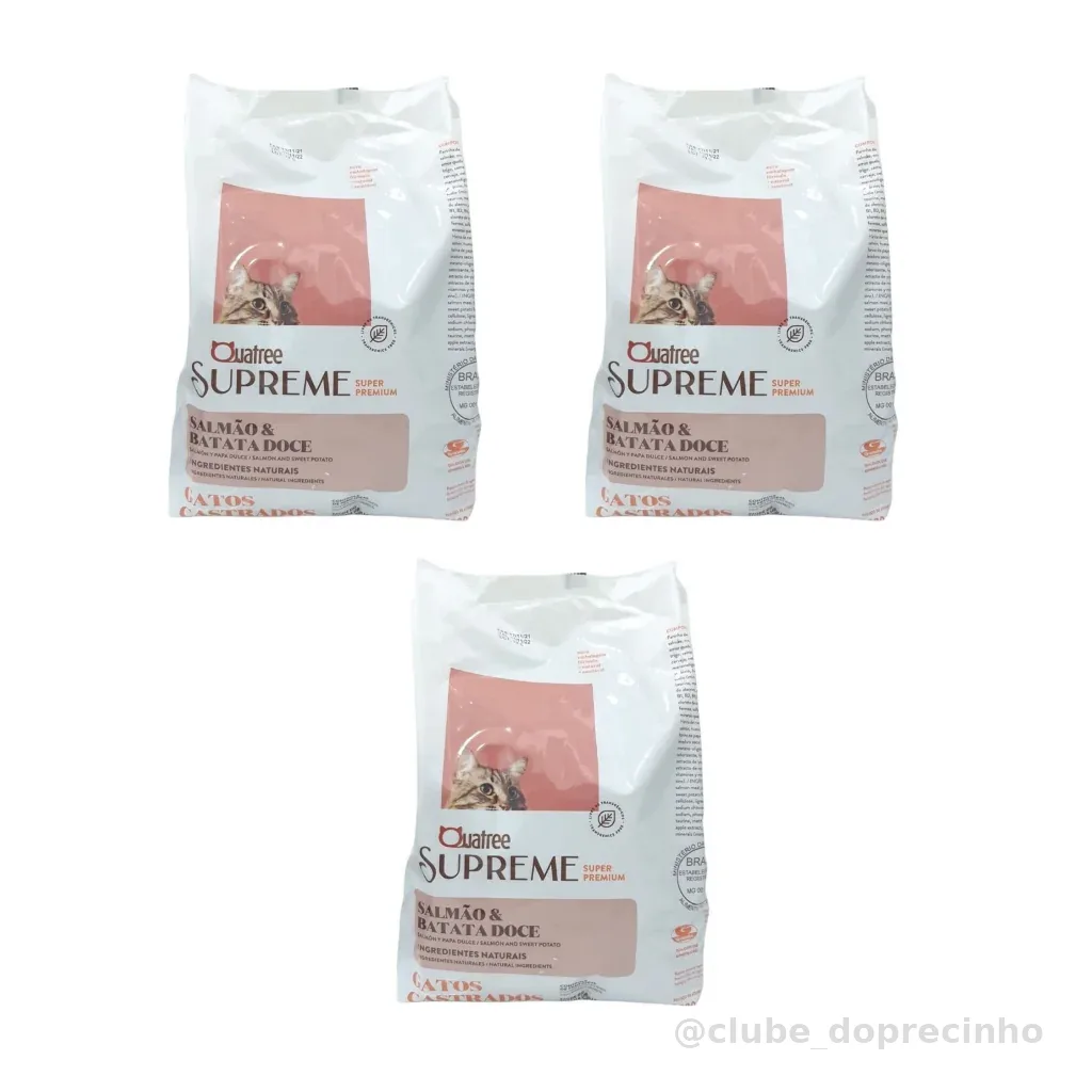 Kit 3 Rações Quatree Supreme Gato Castrado Salmão e Batata Doce 1kg