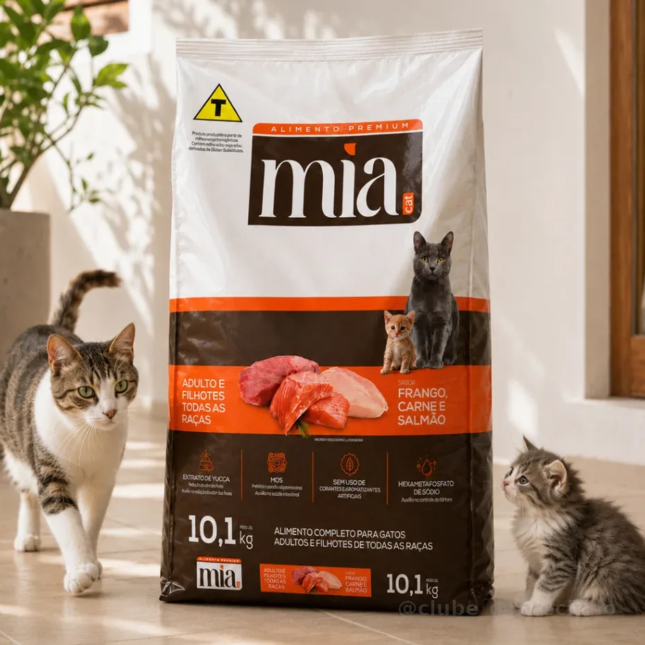 Ração Gato Filhote e Adulto 10kg Mia Cat Sabor Carne Salmão e Frango