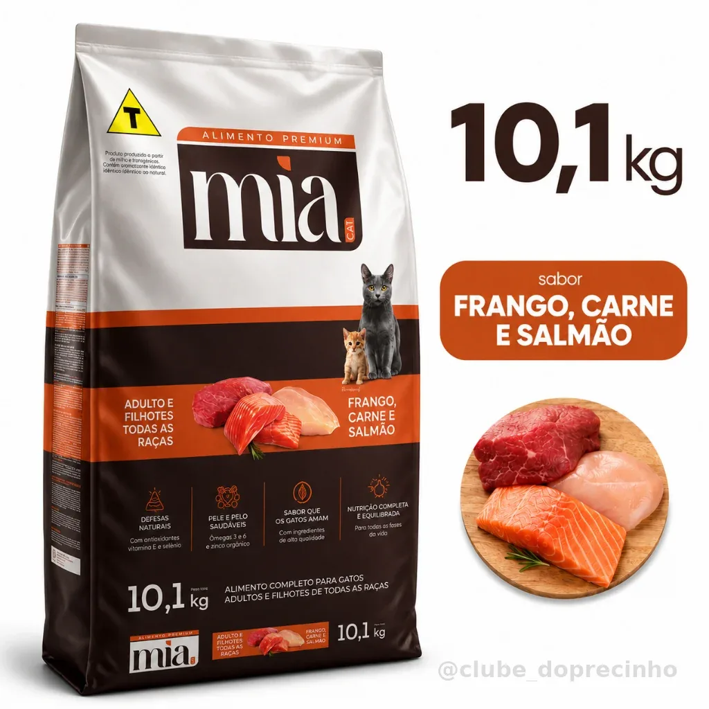 Ração Gato MiaCat 10,1kg Todas As Raças Filhote e Adulto 27g Proteína Sem Corante