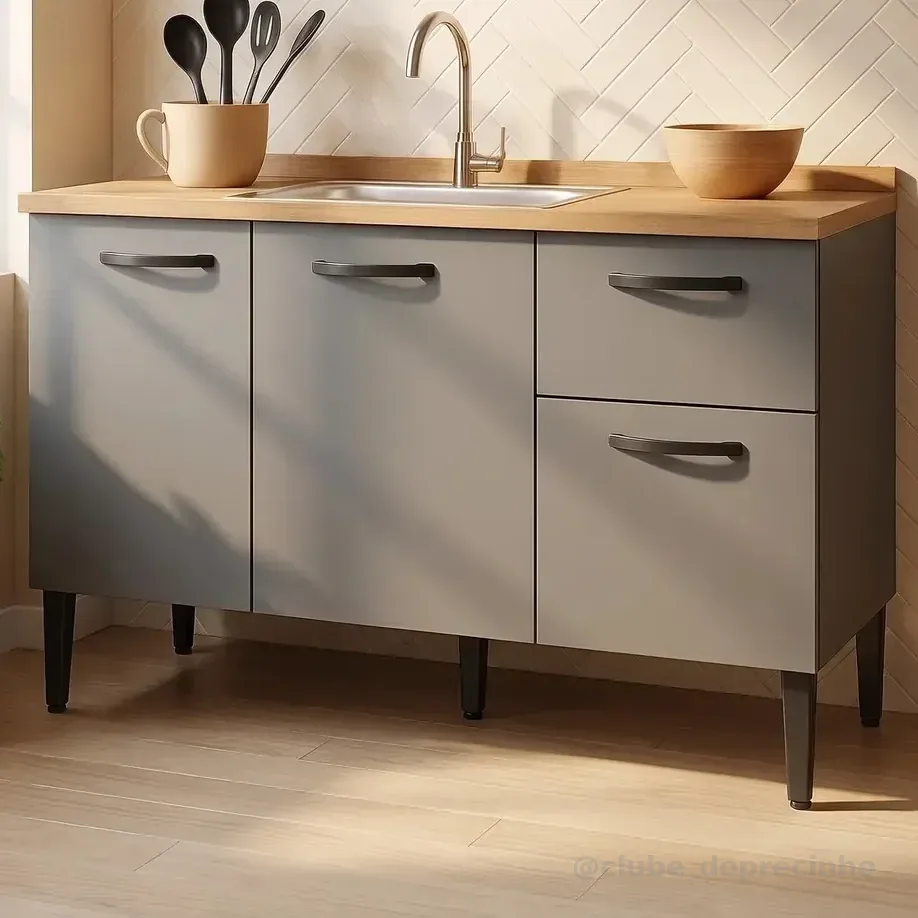 Gabinete De Pia 1,20 Balcão De Cozinha Multiuso 3 Portas Armário De Pia Armário De Cozinha 120x80x52cm Organizador Para Pia Cor Branco Ideal Para Cozinha Compacta E Área De Serviço Porta Panela Cinza