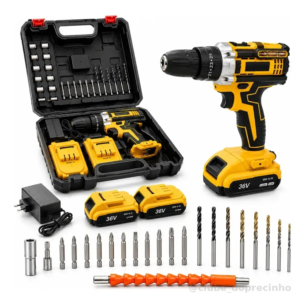 Parafusadeira Furadeira 36v S/ Fio Profissional + 2 Baterias Amarelo 127/220v 60