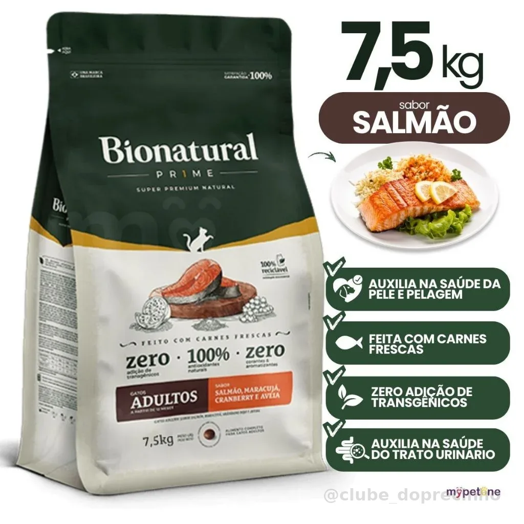 Ração Bionatural Prime Gatos Adultos Salmão 7,5kg - Premium Nutrição Completa