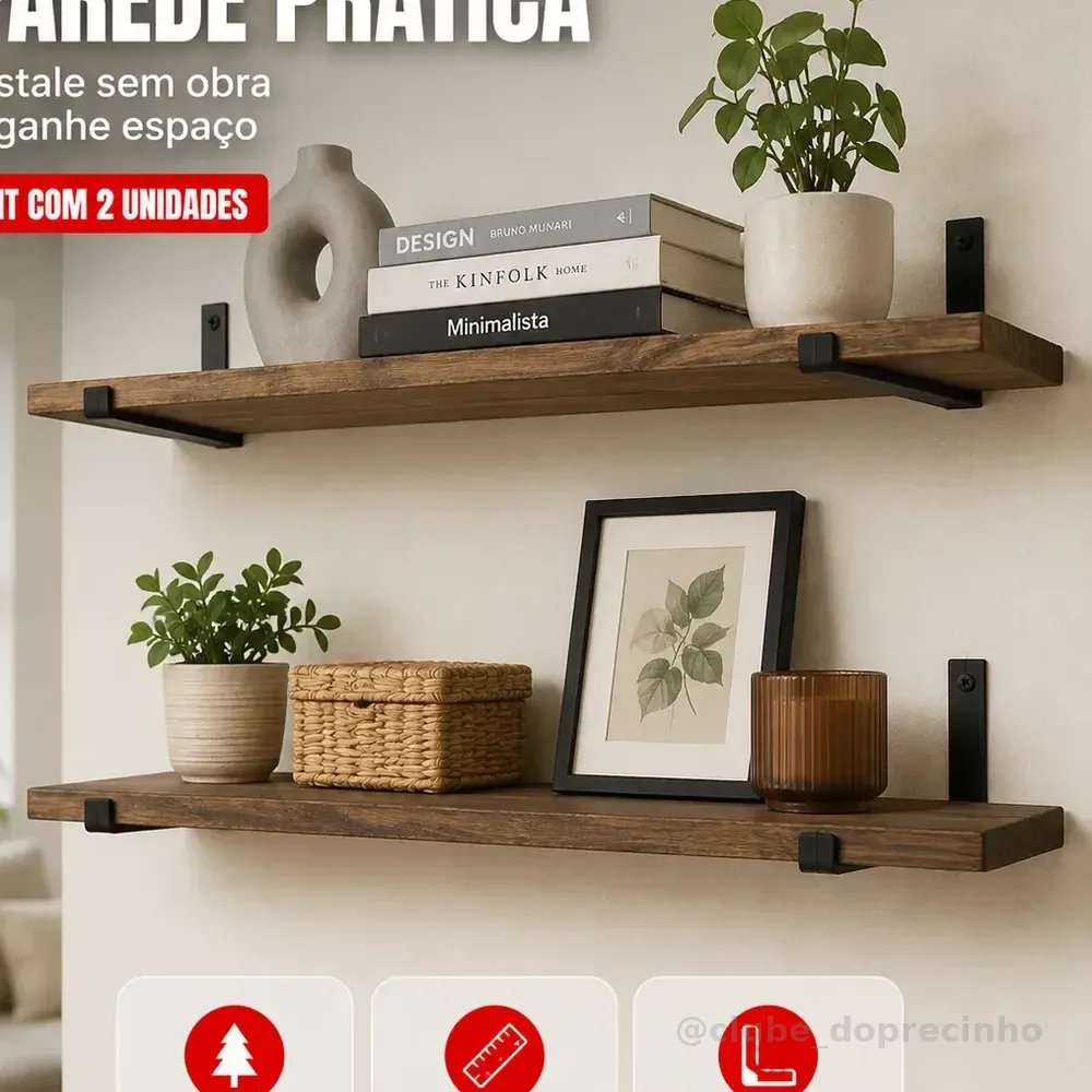 Kit Prateleiras Madeira Industrial 2 Unidades 60x15 Marrom