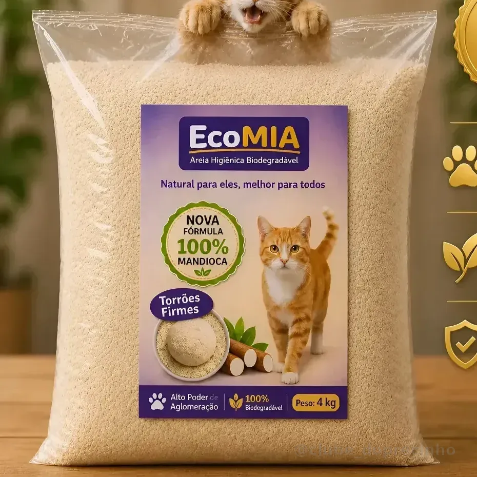 Areia Higiênica Biodegradável 4kg Ecomia 100% Natural Sustentável Para Gatos Sem Levantar Poeira Zero Odor Grãos Finos Torrões Firmes Feita De Mandioca