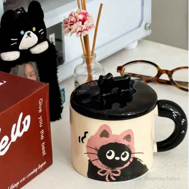 Caneca com tampa de Cerâmica Fofa Criativa Presente para Casal - Milk & Meow