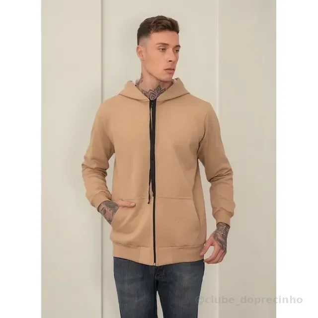 Moletom Masculino Com Capuz E Bolso Fechamento Em Zíper