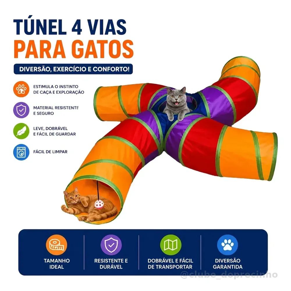 Túnel Colorido Dobrável Para Gato - Brinquedo Interativo Pet Colorido 4 Saídas