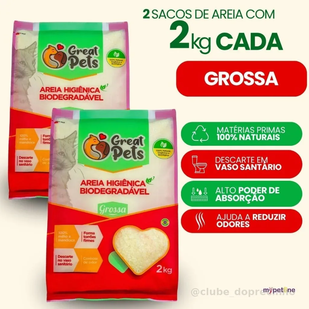Kit 2 Areia Biodegradável Grossa Great Pets para Gatos - 2 Kg