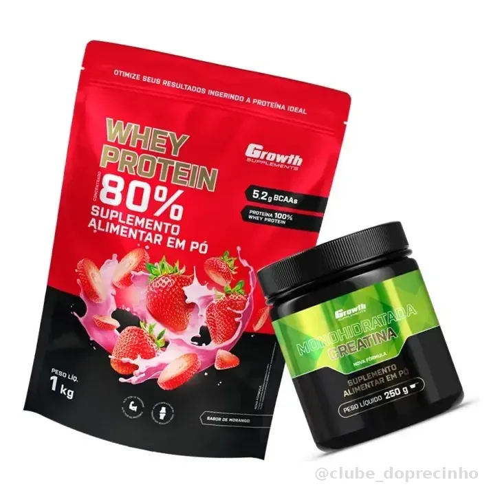Kit Growth: Whey Protein Concentrado Morango 1kg + Creatina Monohidratada Sem Sabor 250g