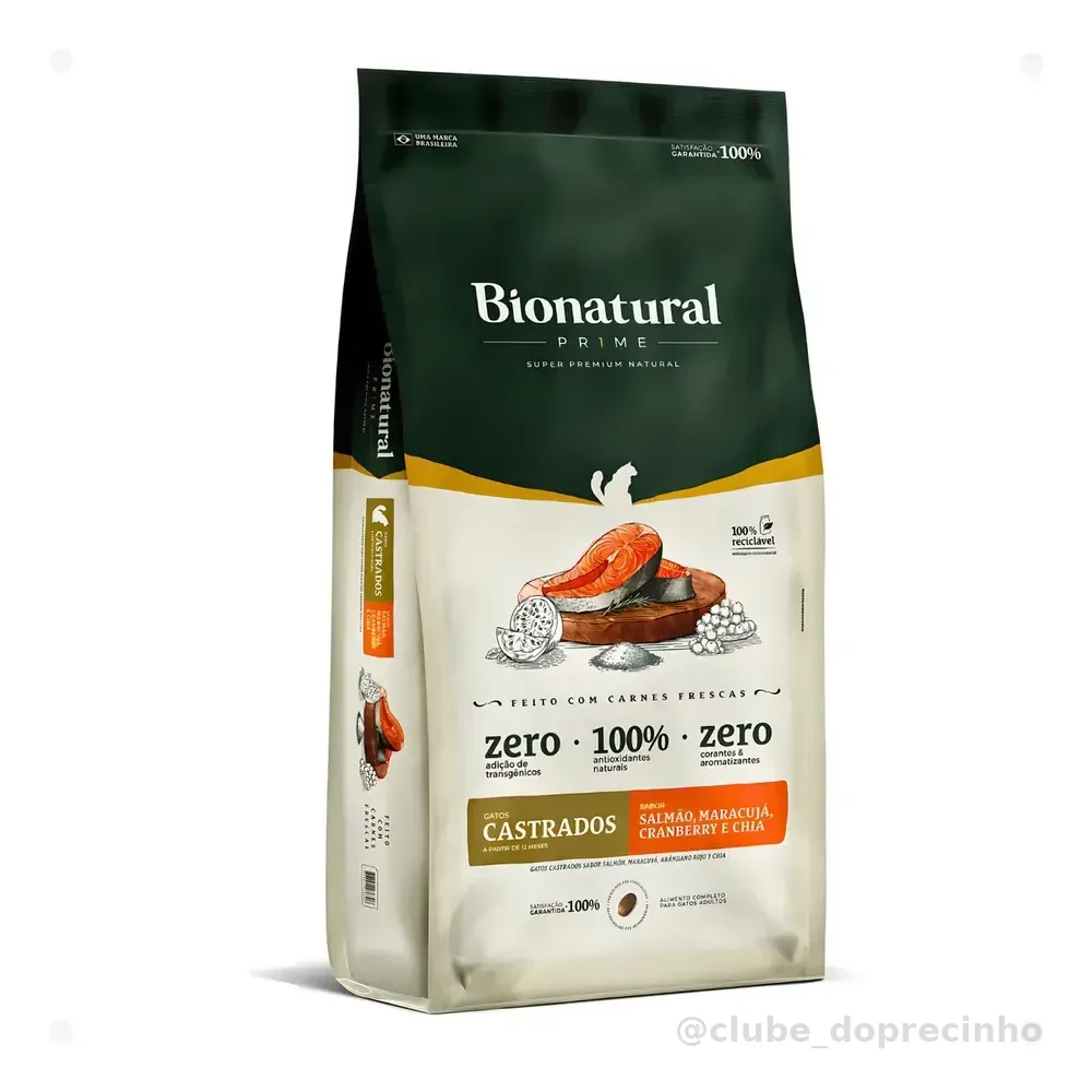 Ração Seca Bionatural Prime Salmão Gatos Castrados 7,5kg