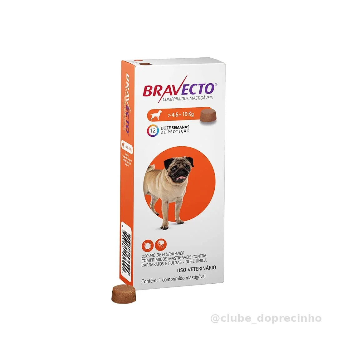 Bravecto® 250mg Antipulgas e Carrapatos para Cães de 4,5 a 10kg – 1 Comprimido Mastigável