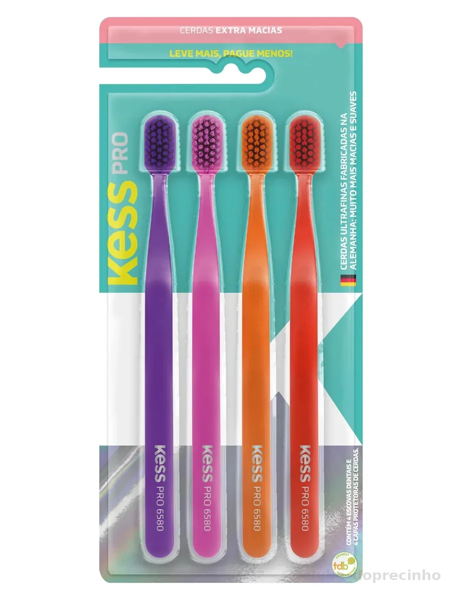 Kess, Pack com 4 Escovas Dentais Pro Extra Macias, Cores Sortidas