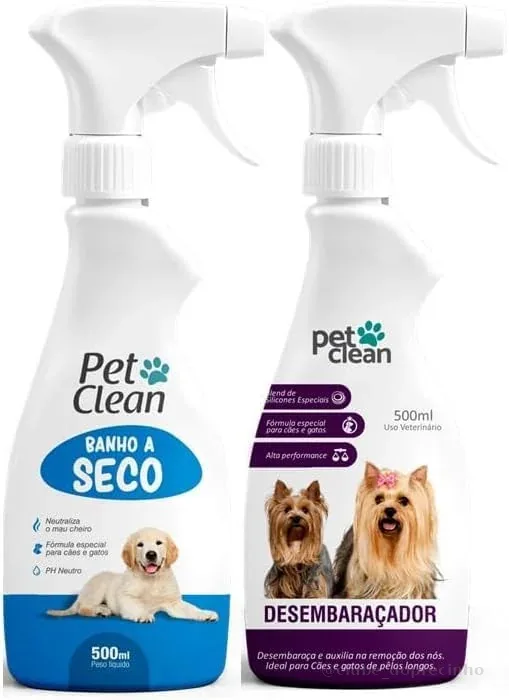 Kit Pet Clean Banho a Seco 500ml + Desembaraçador Spray 500ml para Cães e Gatos – Higiene Sem Enxágue, Remove Odores, Facilita Escovação, Pelos Macios e Perfumados, Uso Veterinário