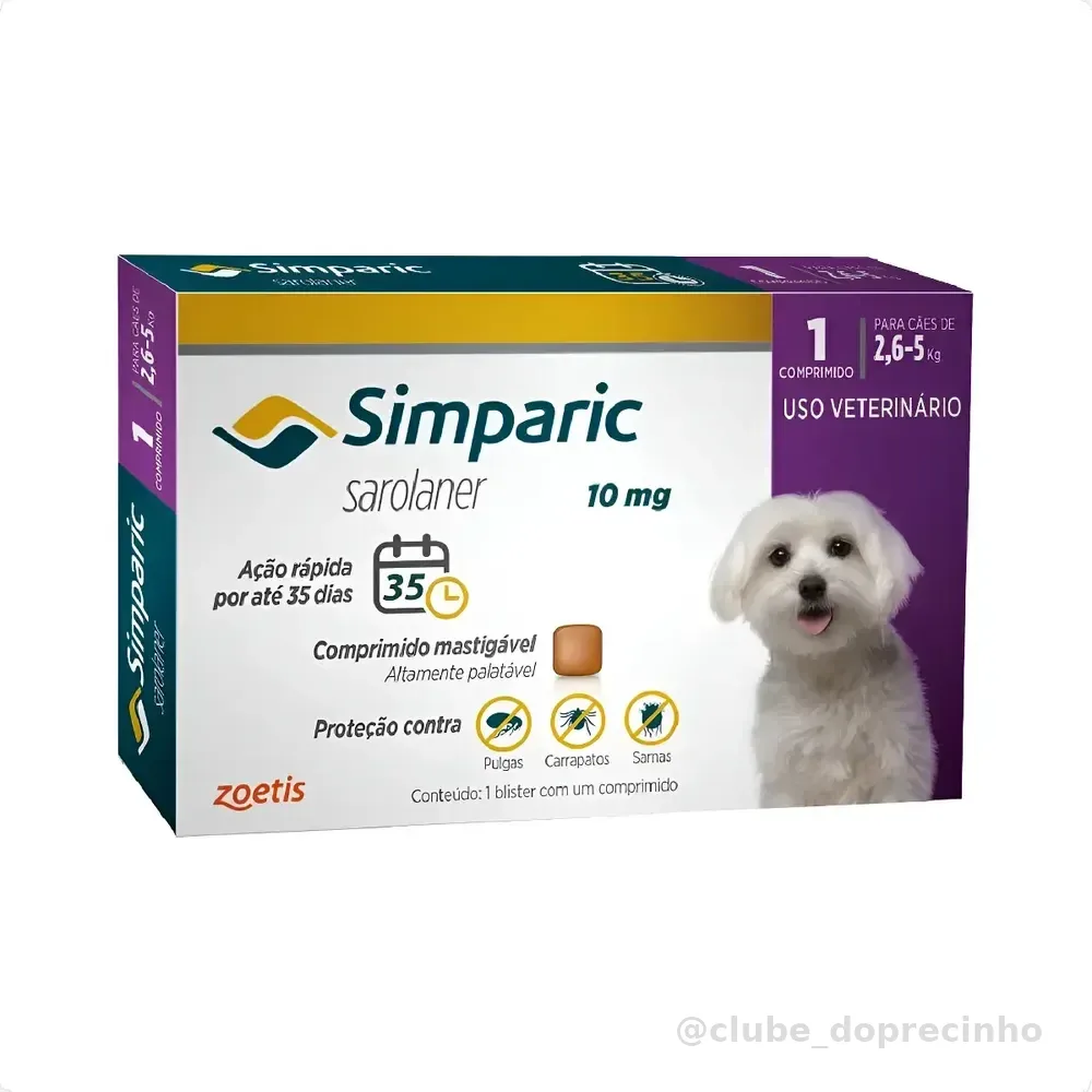Simparic 10 Mg Antipulgas E Carrapatos 2,6 A 5,0 Kg 1 Uni