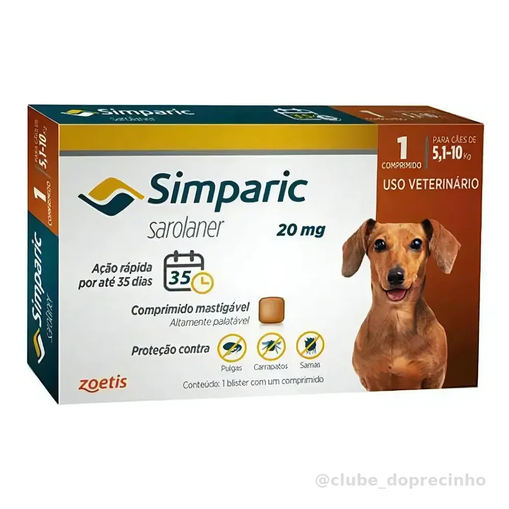 Simparic 20mg Comprimido Antipulgas Carrapatos Cães 5 a 10kg