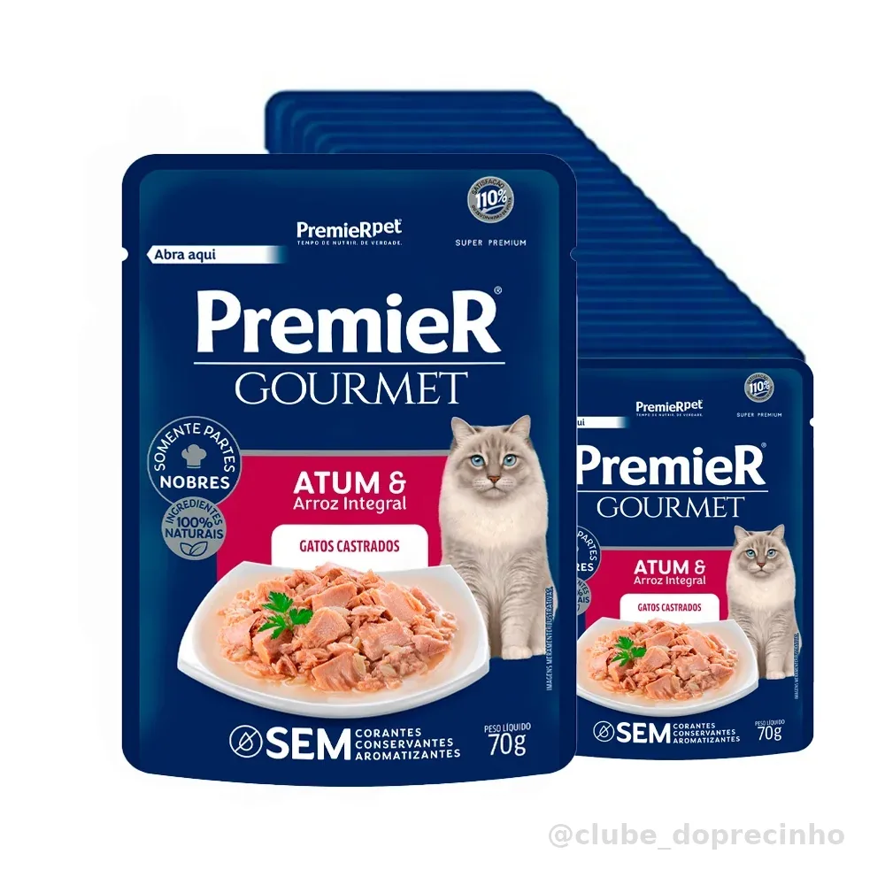 Kit 20un. Ração Úmida Premier Gourmet Gatos Castrados Atum e Arroz Integral 70g