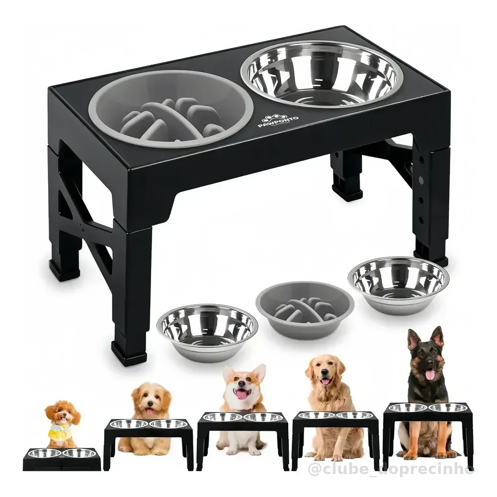 Comedouro Bebedouro Elevado Cães Regulável Dobrável 8cm~30cm 0 Preto Aço Inoxidável