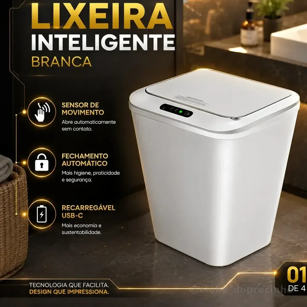 Lixeira Inteligente Automática Branca Universal Com Sensor Hearbuds Recarregável Anti Odor 16L