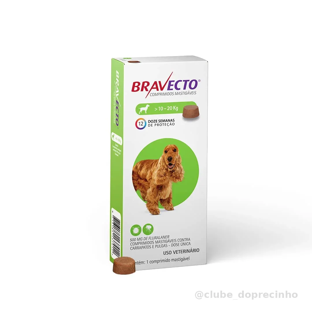 Bravecto® 500mg Comprimido Mastigável Antipulgas e Carrapatos para Cães de 10 a 20kg - 1 Unidade - MSD Saúde Animal