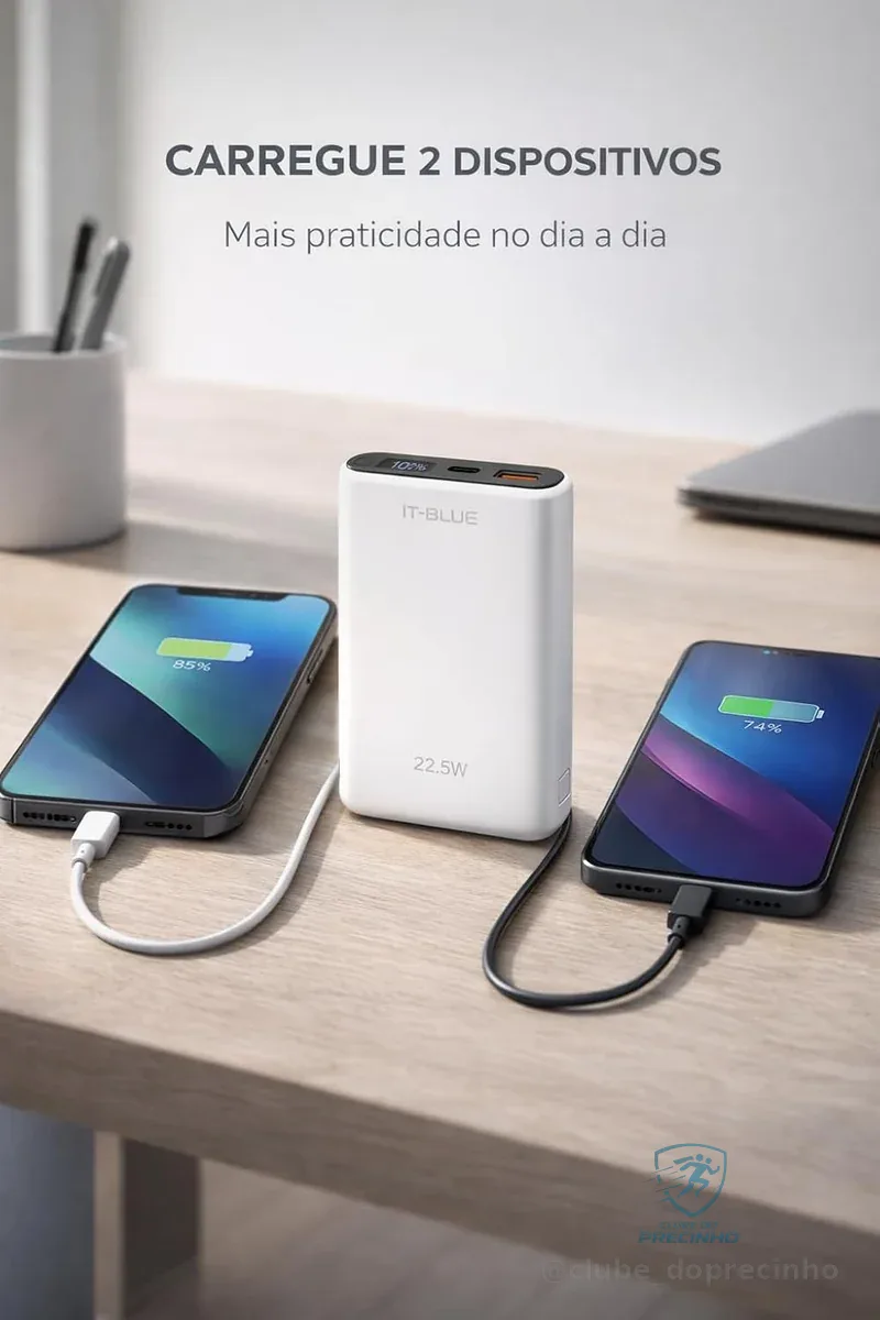 Power Bank 10000 mAh, Carregador Portátil Turbo 22,5W, Display de Led Indicador de Bateria