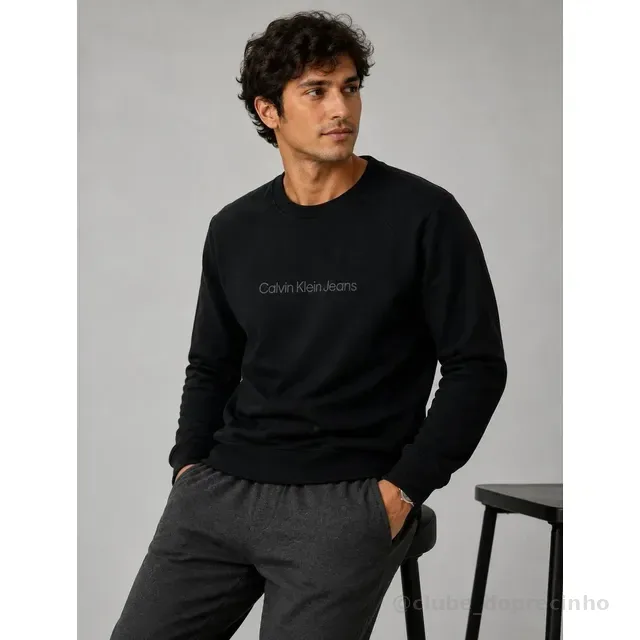 Moletom Calvin Klein Crewneck Light Front Logo Preto