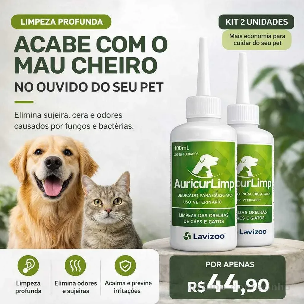 Auricur Limp Limpeza de Ouvido para Cães e Gatos 100ml Lavizoo Original