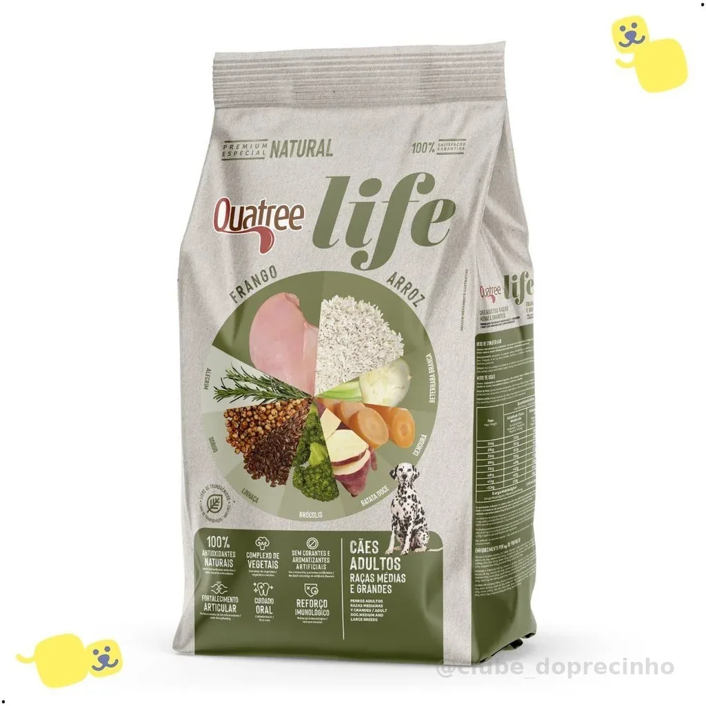 Alimento Quatree Life Ração Cão Adulto Médio e Grande Frango e Arroz 15Kg Premium Especial Cachorro