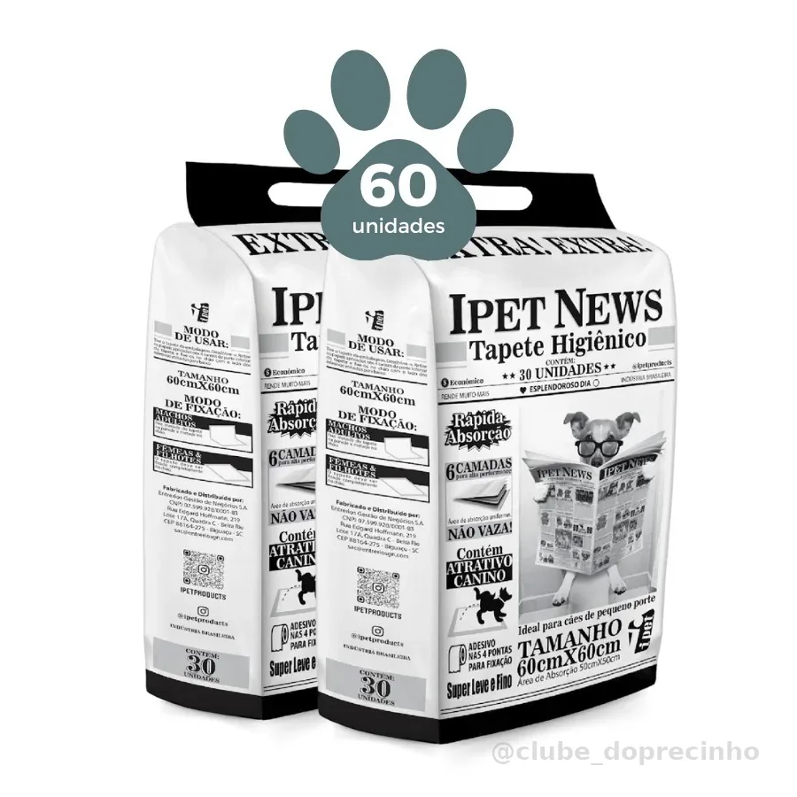 Tapete Higiênico Várias Unidades Ipet News 60x60 6 Camadas Nao Vaza