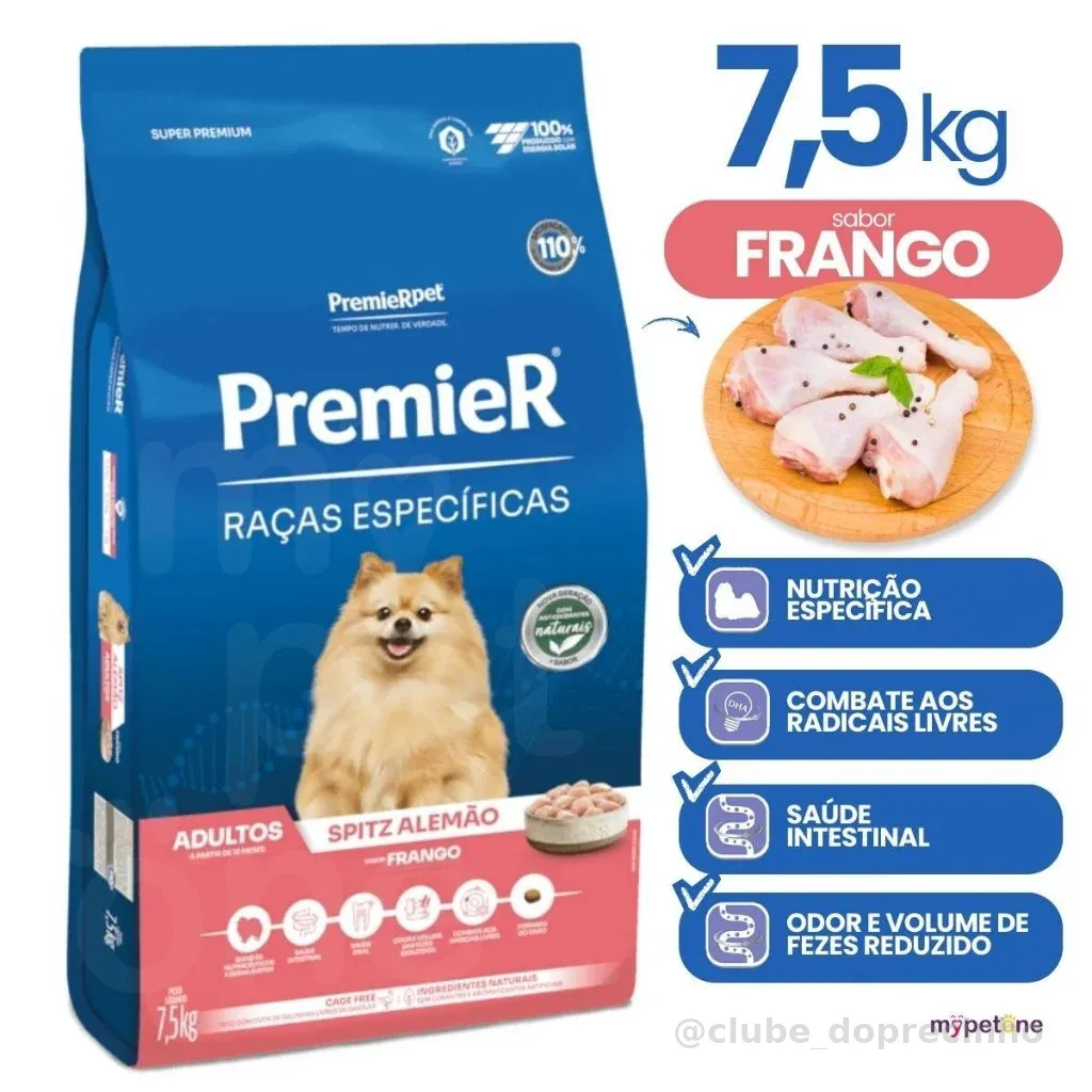 Ração Premier Pet Spitz Alemão Adulto 7,5kg Sabor Frango – Nutrição Premium para Raças Específicas