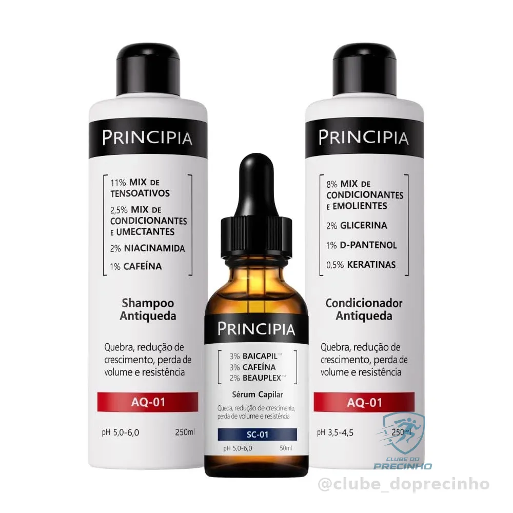 Principia Kit Antiqueda Trio, com shampoo, condicionador e sérum antiqueda.
