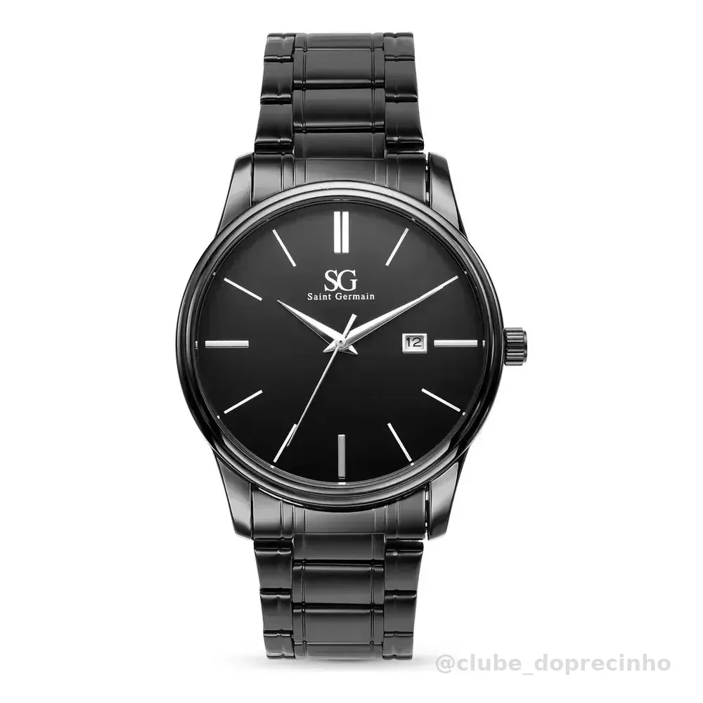 Relógio Chroma Masculino Preto Saint Germain Clássico Caixa Preta Detalhes Prata 42mm
