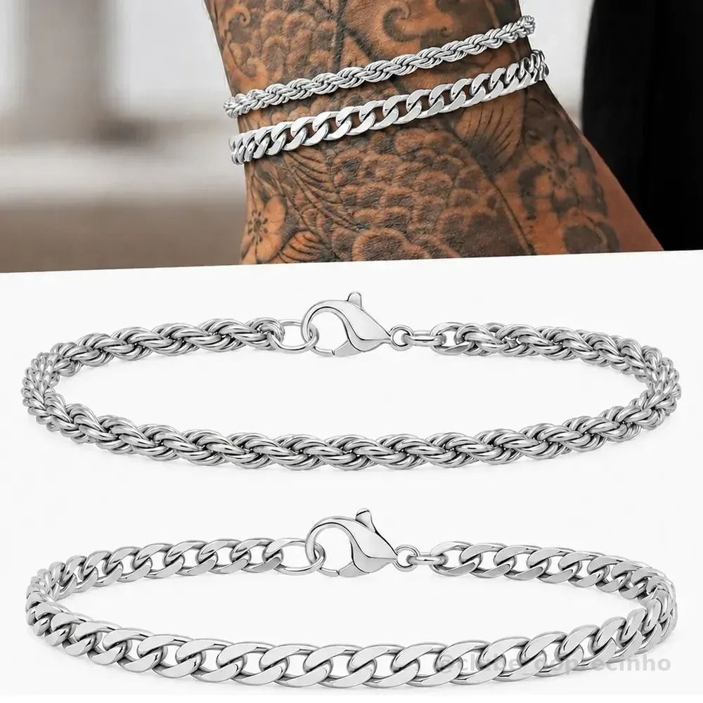 Kit 2 Pulseiras Masculinas Prata Aço Inox 316l Grumet Baiano Prateado 21 Cm