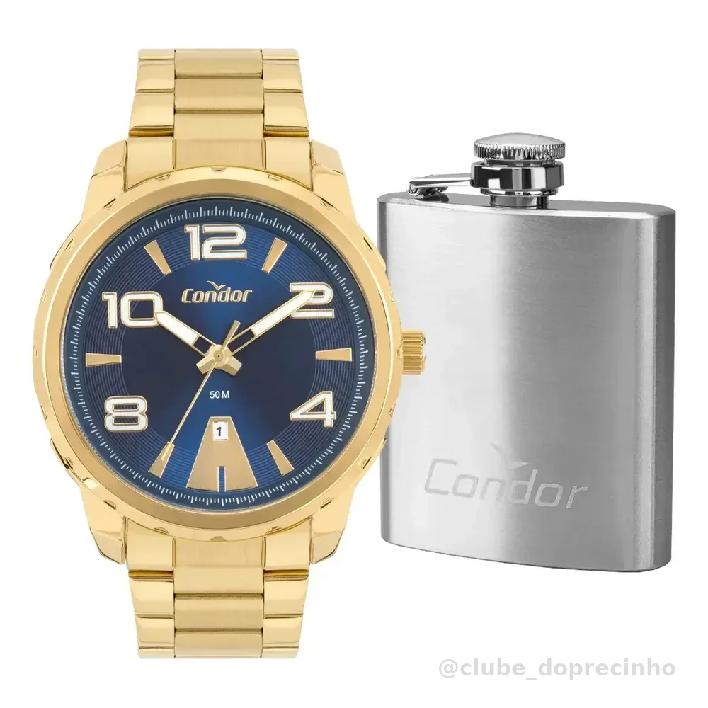 Kit Relógio Condor Masculino Dourado Aço Co2115myj/k4a Dourado Azul