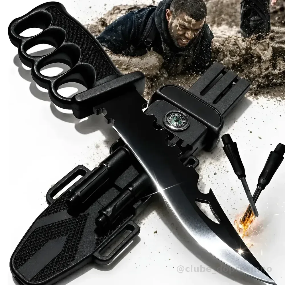 Faca Tática Sobrevivência 33cm Aço 440c Ultra Afiada Com Soco Inglês Bússola Apito Pederneira Afiador Bainha Militar Camping Caça Pesca Trilha Emergência Resgate Selva Outdoor Combate