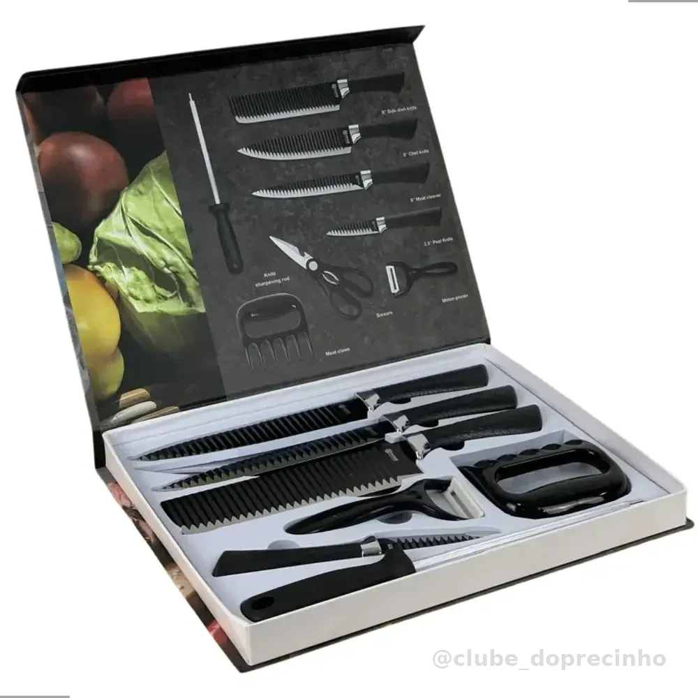 Kit Faca De Churrasco Antiaderente Corte Navalha P/presente Preto