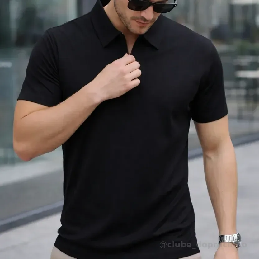 Camisa Polo Zíper Masculina Slim Fit Tecnológica Preto Lisa P