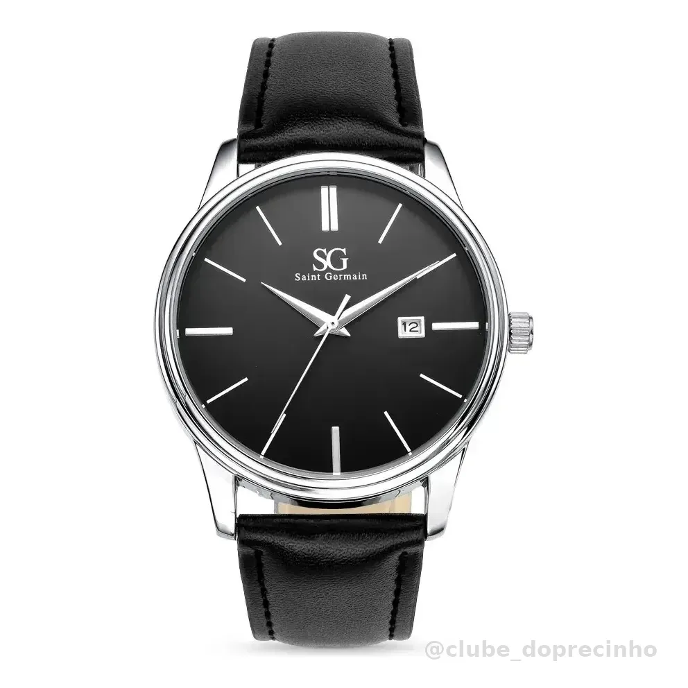 Relógio Masculino Chrowl Saint Germain Pulseira Couro Caixa Prateada Fundo Preto 42mm Clássico